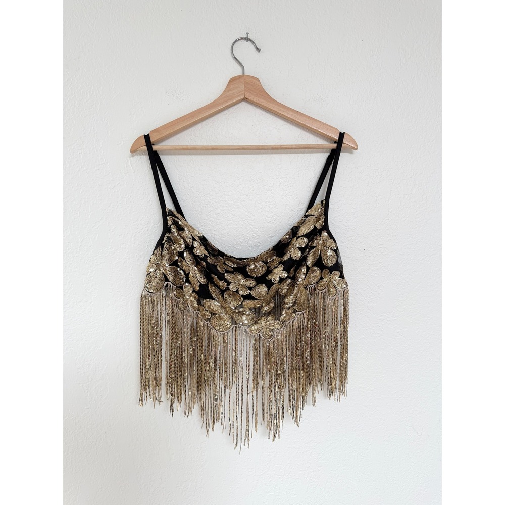 FOR LOVE & LEMONS Colette Gold Sequin Floral Fringe Crop Top Bralette XL